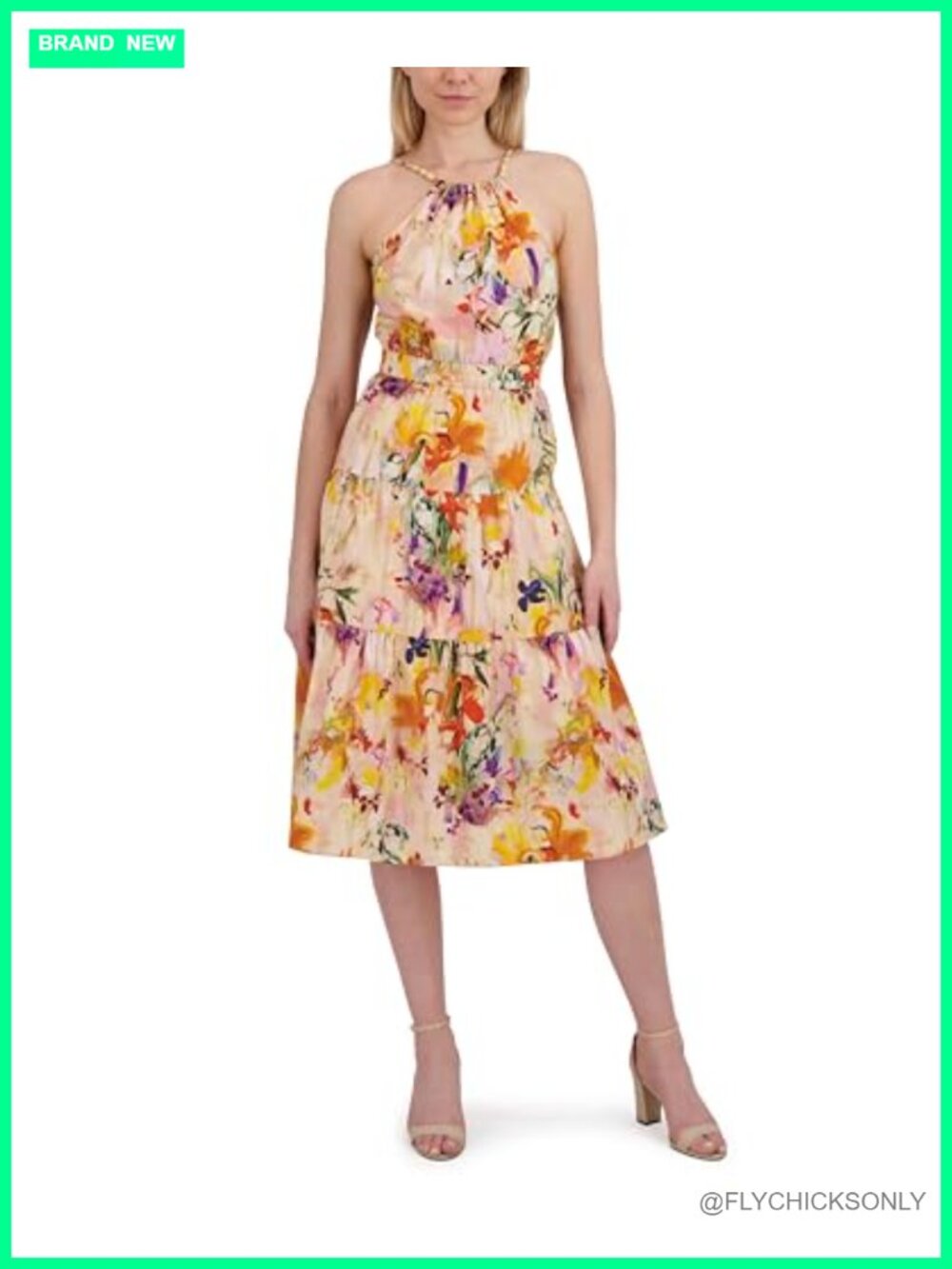 Sleeveless Halter Neck Midi Dress with Beaded Neckline and Tiered Skirt